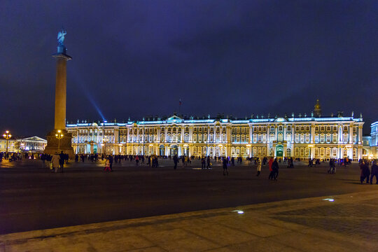 View of Palace Square with the Alexander Column and Winter Palace at night. Saint Petersburg. Russia