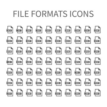 File type vector icons. File format icon set, files buttons.