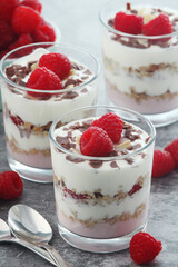 Granola with yogurt trifles with raspberry