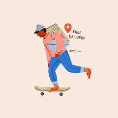 Delivery man or boy riding skateboard with a delivery box. Courier with a Parcel. Takeaway Food Delivery service concept. Cute funny character. Hand drawn isolated trendy Vector illustration