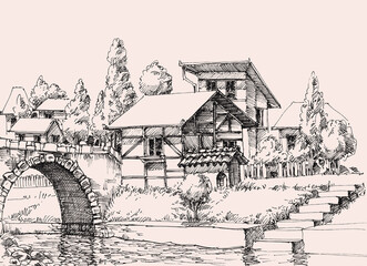 Village houses on a water channel hand drawing. Generic urban architecture