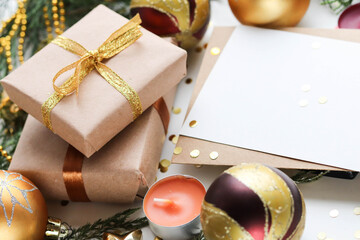 Naklejka na ściany i meble postcard layout. christmas gift box with christmas decorations