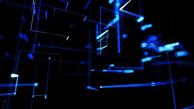 Running lights, glowing particles. Abstract looped background as technological concept with many blue lines and nodes. Sci-fi bg of glow particles form lines like electrical circuit or microcircuit.
