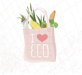 eco shopping bag with various products. Zero waste, plastic free concept. Colored trendy vector illustration. Cartoon style. Flat vector design