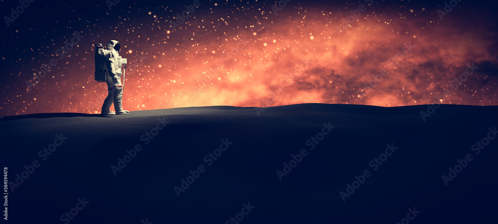 Poster astronaut doing space walk and explore a distant planet such as mars.