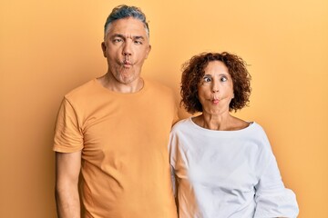Beautiful middle age couple together wearing casual clothes making fish face with lips, crazy and comical gesture. funny expression.