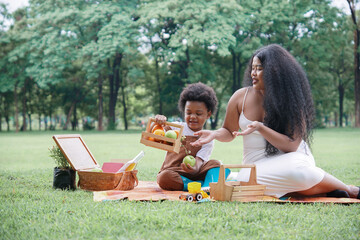 Happy African family Mother and son picnic together at garden green park on weekend