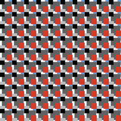 Vector seamless pattern texture background with geometric shapes, colored in red, blue, grey, black, white colors.