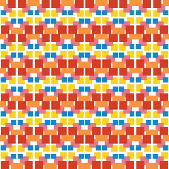 Vector seamless pattern texture background with geometric shapes, colored in red, orange, pink, yellow, blue, white colors.