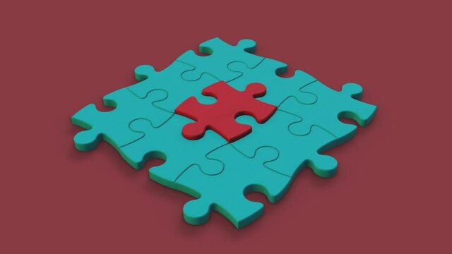 puzzle pieces with the last one at the center in different color, concept of teamwork, leadership or success (3d render)