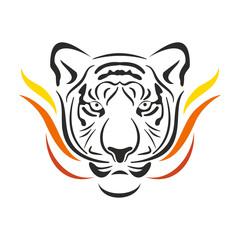 Stylized silhouette tiger head with tongues of flame. Brutal image. Hand drawing vector illustration isolated on white background. For tattoo, stencil, t-shirt, logos, emblems, badges, design element.
