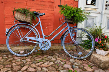 Fototapeta na wymiar bike with decorative flower pot in front of a house