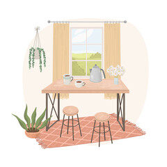 Modern house interior with table, stools, rug, window, house plants. Cosy dining room vector illustration