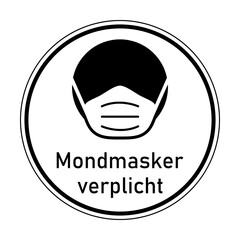 Mondmasker verplicht ("Face Masks Required" in Dutch) Round Instruction Icon with Text and Face Mask Sign. Vector Image.