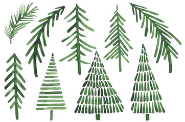 Set of watercolor christmas trees, hand drawn on a white background. Christmas card.