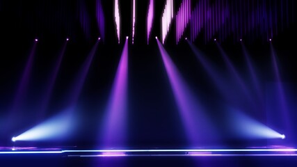 Purple defocused mockup stage for product display presentation spotlight and marketing award advertising. Concept 3D Illustration background with illuminated floodlight lamps and atmospheric club haze