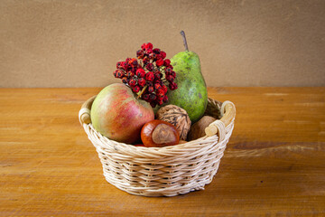 autumn still life with small wicker basket filled by apple, pear,Sorbus aucuparia branch, walnuts and chesnuts on wooden board in front of brown wall with clay plaster