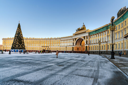 View of General Staff Building and Palace square in winter. Saint Petersburg, Russia