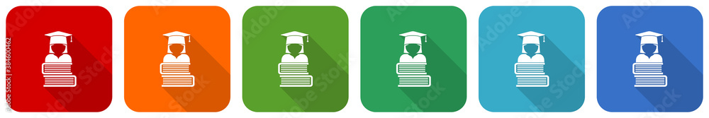 Aufkleber student, books education, knowledge icon set, flat design vector illustration in 6 colors options fo