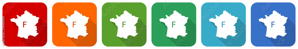 Poster map of france icon set, flat design vector illustration in 6 colors options for webdesign and mobile