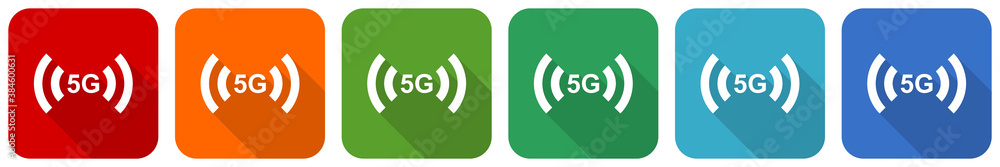 Poster 5G internet wireless communication, network icon set, flat design vector illustration in 6 colors options for webdesign and mobile applications