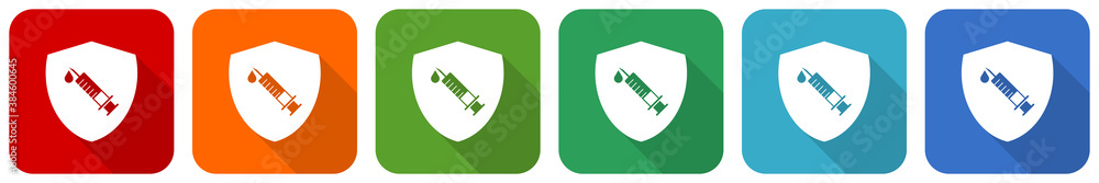 Poster vaccine shield concept icon set, flat design vector illustration in 6 colors options for webdesign a
