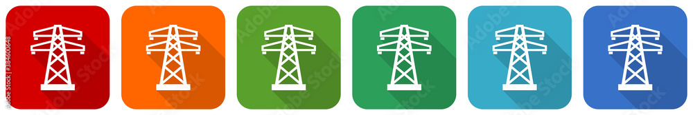Poster power, energy tower icon set, flat design vector illustration in 6 colors options for webdesign and 