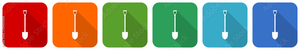 Poster shovel, gardening tool icon set, flat design vector illustration in 6 colors options for webdesign a