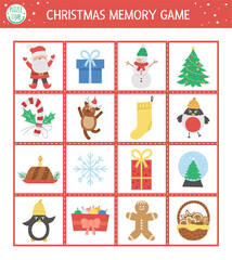 Christmas memory game cards with traditional holiday symbols. Matching activity with funny characters. Remember and find correct card. Simple winter printable worksheet for kids. .
