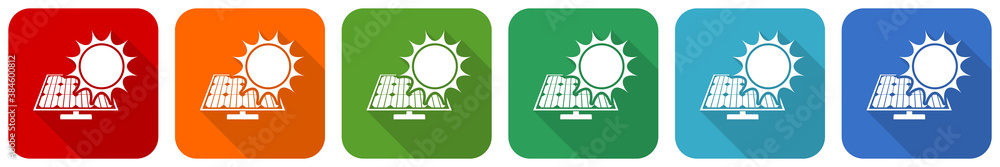 Poster sun over solar panel icon set, flat design vector illustration in 6 colors options for webdesign and
