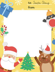 Vector letter to Santa Claus template. Cute Christmas card design. Winter frame layout for kids with funny characters. Festive background with place for text. .