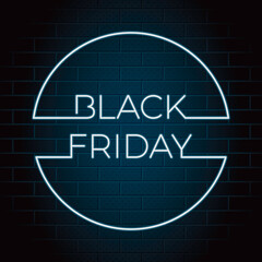 Obraz premium Black Friday Capitals Glowing Neon Sign Style Logo and Outline Circle Shape Combined with Lettering - White on Brick Wall Texture Background - Flat Graphic Design
