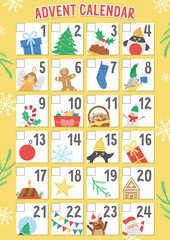 Vector Christmas advent calendar with traditional holiday symbols. Cute winter planner for kids. Festive poster design with Santa Claus, fir tree, deer, present.
