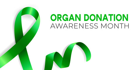 Realistic vector illustration of green ribbon awareness symbol. Organ donation, liver cancer, mental health and other illness prevention sign