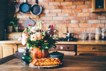 Thanksgiving celebration traditional dinner.Festive table setting.
