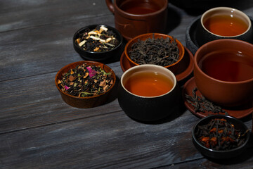 tea tasting different varieties. wooden background