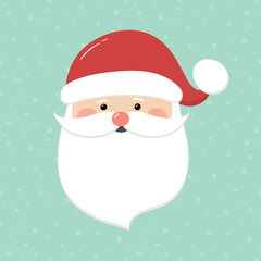 Happy Santa Claus head on background with snowflakes. Christmas decoration. Vector