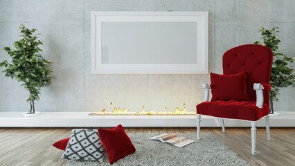 Red single seat and modern fireplace design concept interior design background 3D rendering