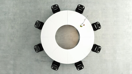 modern circular meeting table top view with office chairs and concrete floor 3D rendering