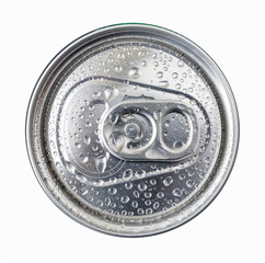 Water drops on a cold beer or soda can top isolated on white background. Drinking on the go beverages in aluminum cans with pull tabs.