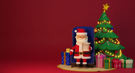 Santa Claus sitting in armchair near Christmas tree. 3d render