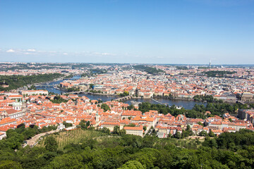 Fototapeta na wymiar Prague panorama charles bridge river from mountain skyview