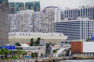 Panoramic view of Hongkong or Hong Kong skyline with modern and urban decay skyscrapers and...
