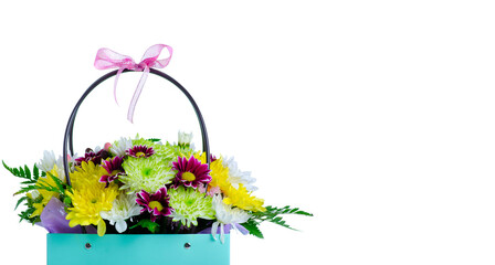 Flowers in a basket package on white background isolation