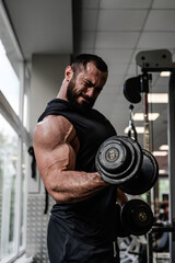 Fototapeta na wymiar heavy bodybuilding workout motivation of strong young bearded man pumping iron lifting heavy weight dumbbells during biceps muscle training in sport gym