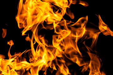 Fire flames on black background isolated. Burning gas or gasoline burns with fire and flames. Flaming burning sparks close-up, fire patterns. Infernal glow of fire in the dark with copy-space
