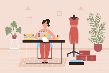 Tailoring crafting hobby at home flat vector illustration. Cartoon happy young woman tailor character working on sewing machine, seamstress hobbyist in household chore or craft homework background