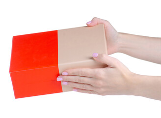 Obraz premium Box orange beige color in hand on white background isolation