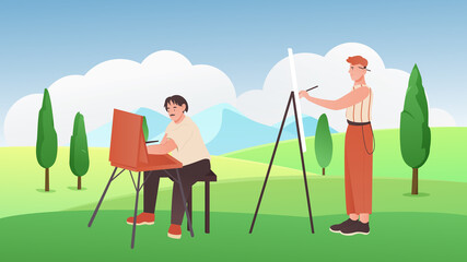 Artist people paint vector illustration. Cartoon man painter characters holding brushes, sitting, standing next to easels, painting pictures of beautiful summer nature landscape. Art hobby background