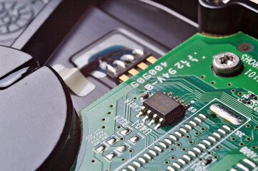 Microchips on a circuit board. Electrical, system.